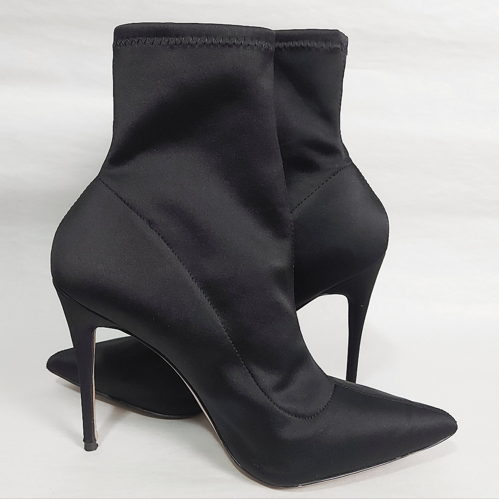 Aldo Black Satin Sock Booties Size 9 Pull-on Ankle High Stiletto Heel Pointy Toe - Picture 7 of 13